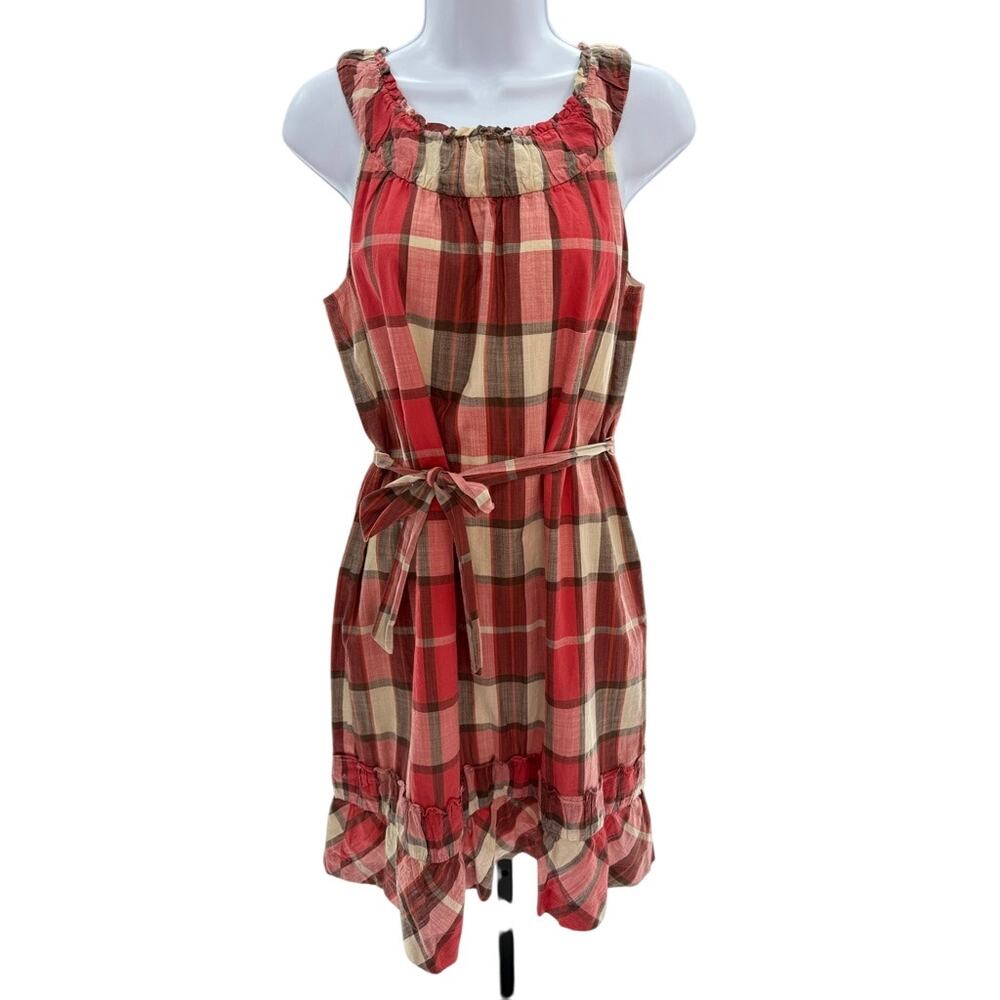 Talbots Plaid A-Line Belted Madras Ruffle Hem Sleeveless Dress Sz 4